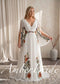 Boho Chiffon A-Line Wedding Dress with Colorful Floral Embroidery and Bell Sleeves
