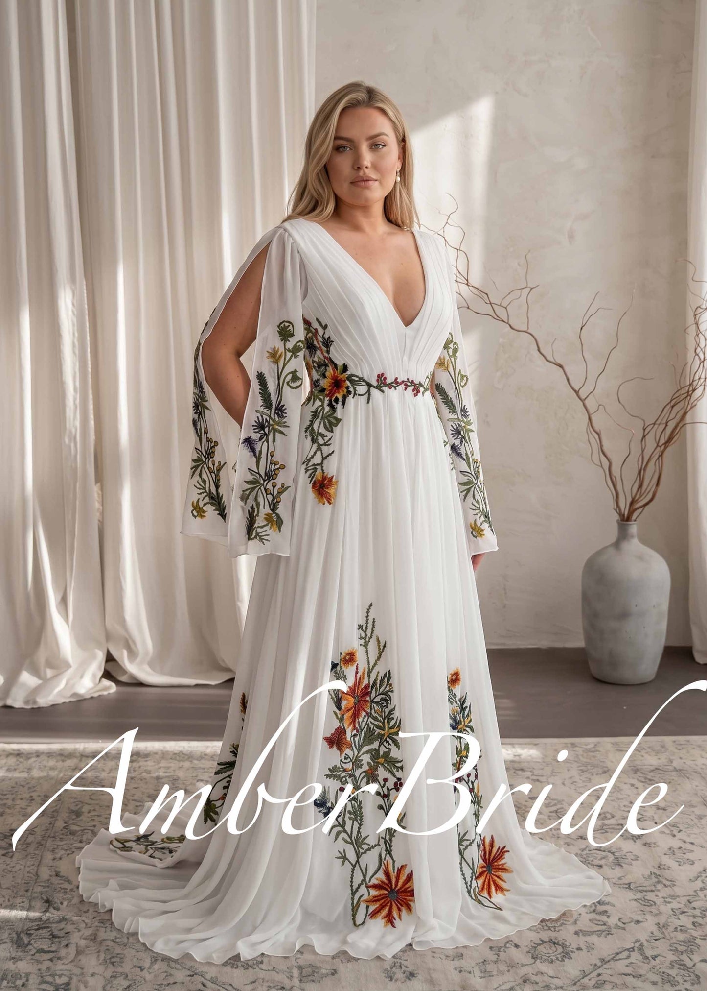 Boho Chiffon A-Line Wedding Dress with Colorful Floral Embroidery and Bell Sleeves