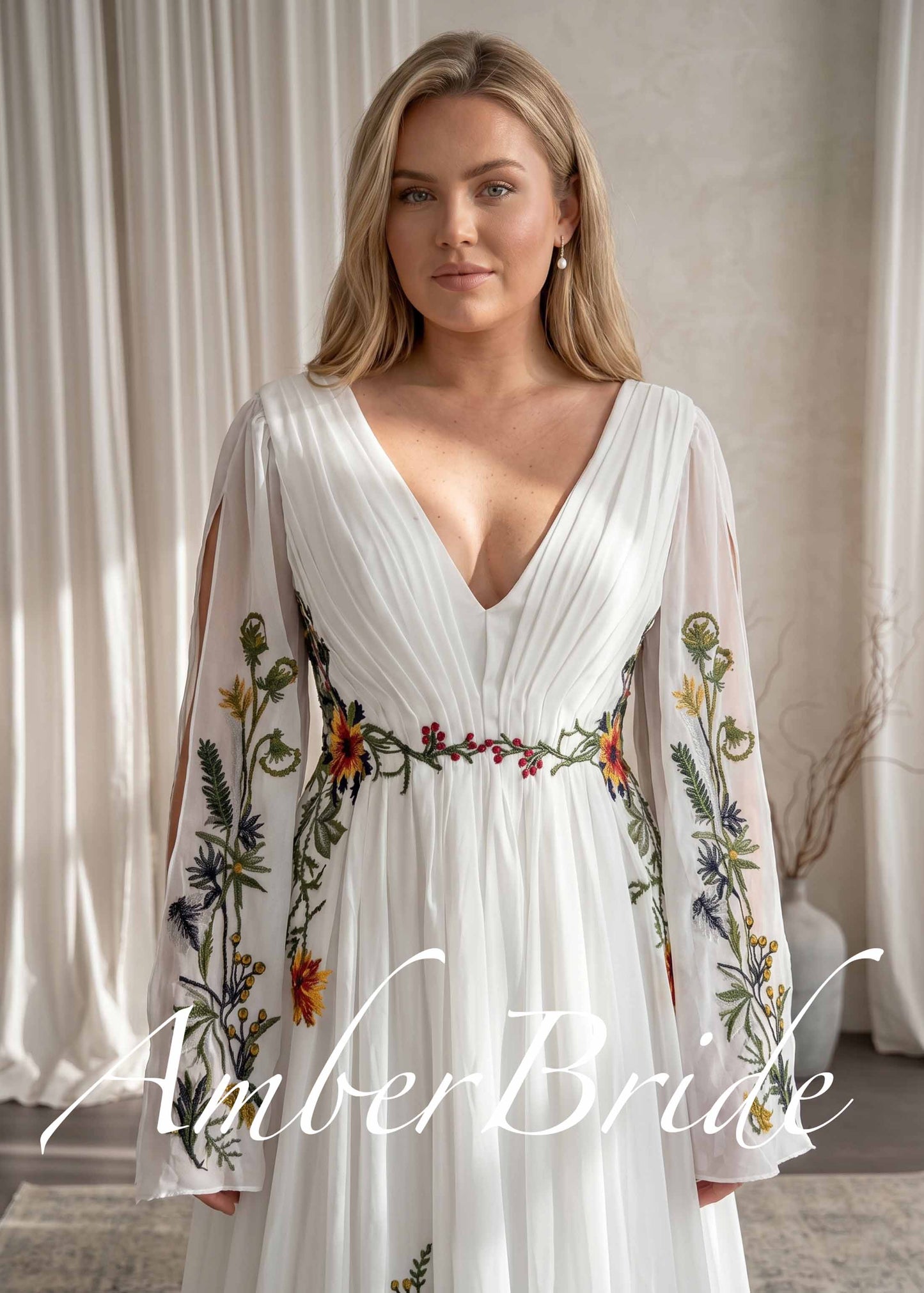 Boho Chiffon A-Line Wedding Dress with Colorful Floral Embroidery and Bell Sleeves