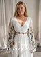 Boho Chiffon A-Line Wedding Dress with Colorful Floral Embroidery and Bell Sleeves