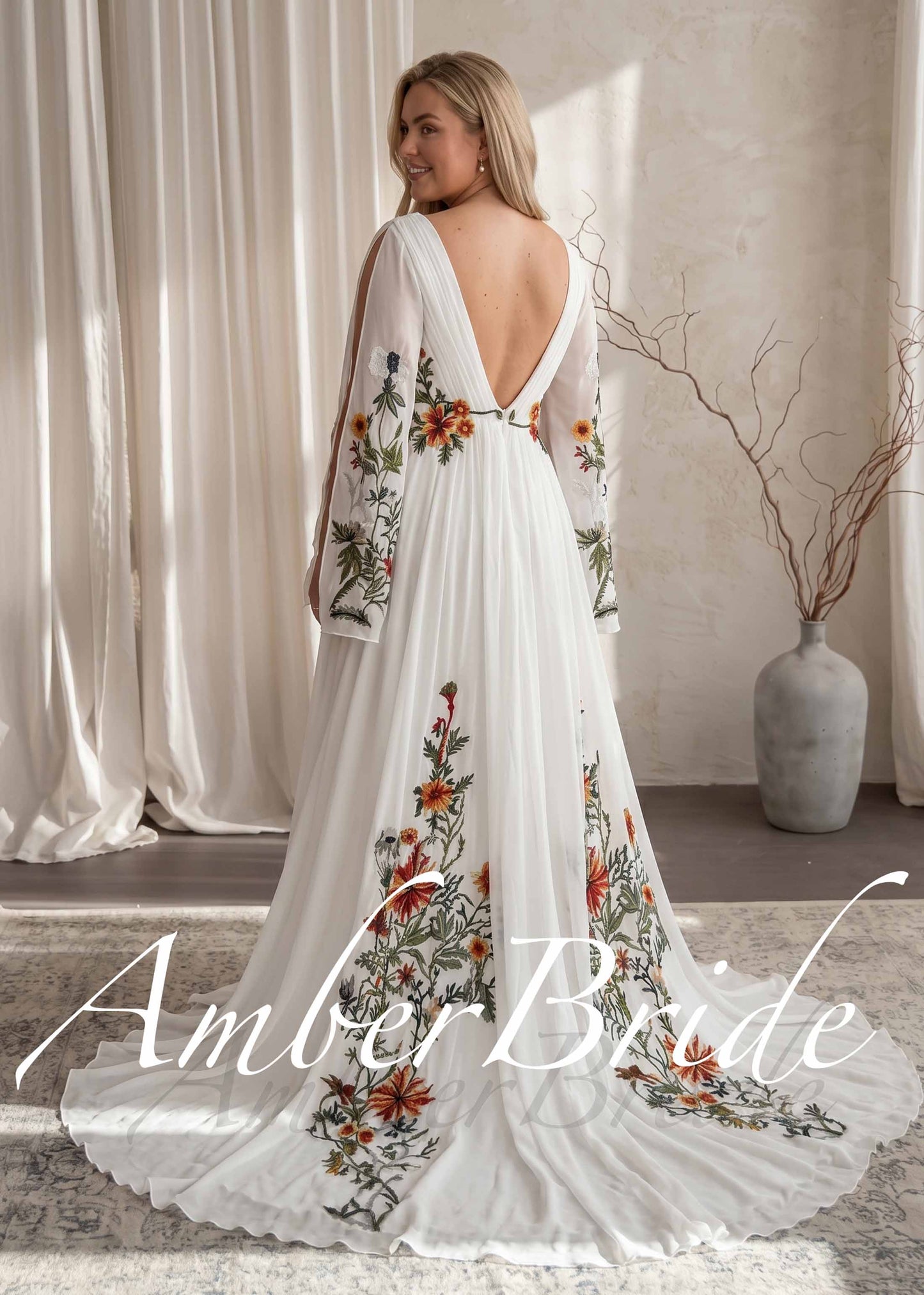 Boho Chiffon A-Line Wedding Dress with Colorful Floral Embroidery and Bell Sleeves