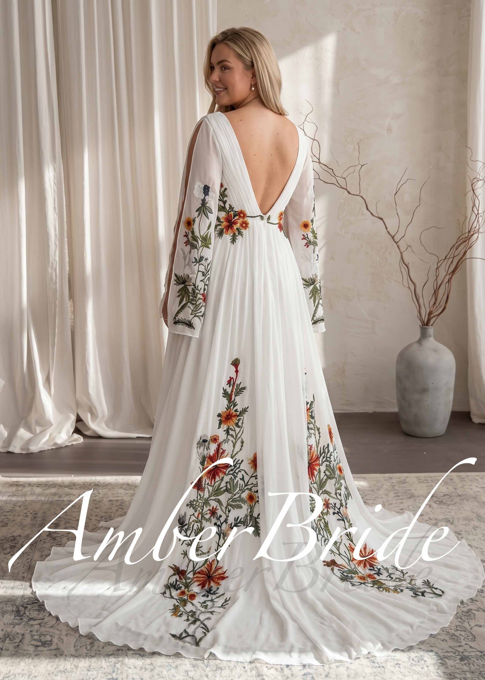floral chiffon wedding dress Flower Lace Chiffon Spaghetti Straps Plunging Wedding Dress Light Ivory / Without Lace