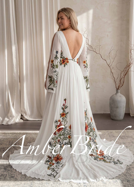 Boho Chiffon A-Line Wedding Dress with Colorful Floral Embroidery and Bell Sleeves