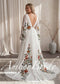 Boho Chiffon A-Line Wedding Dress with Colorful Floral Embroidery and Bell Sleeves