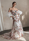 Boho Strapless Wedding Dress with Colorful Floral Embroidery and Detachable Puffy Sleeves