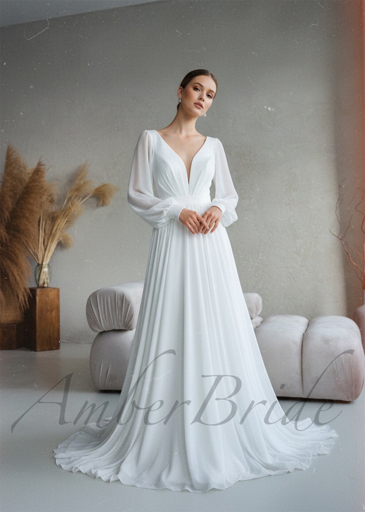 Elegant Flowy Chiffon Wedding Dress with Long Puffy Sleeve and Open Back