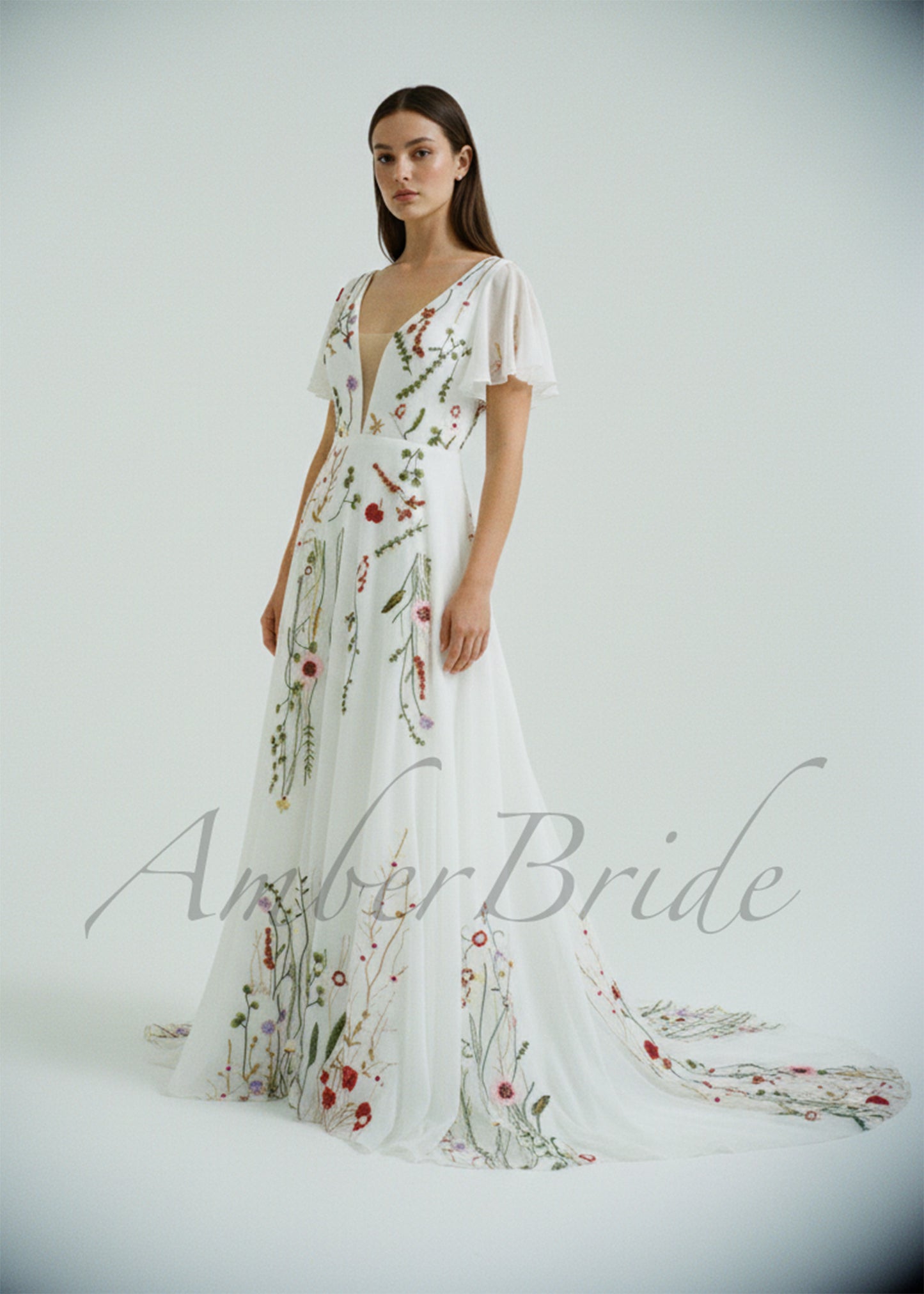 Floral A Line Wedding Dress with Flutter Sleeve and Open Back