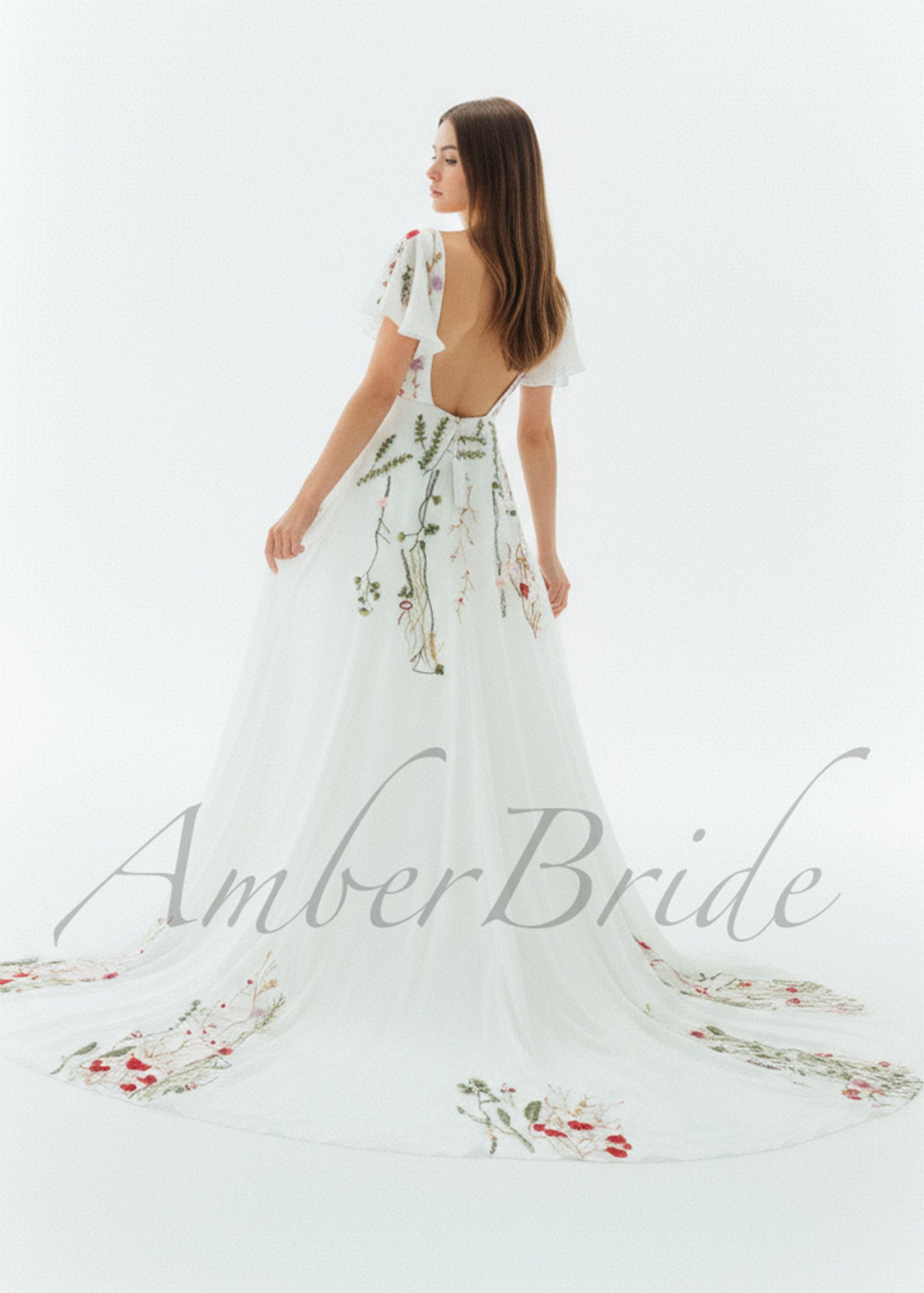 Floral A Line Wedding Dress with Flutter Sleeve and Open Back