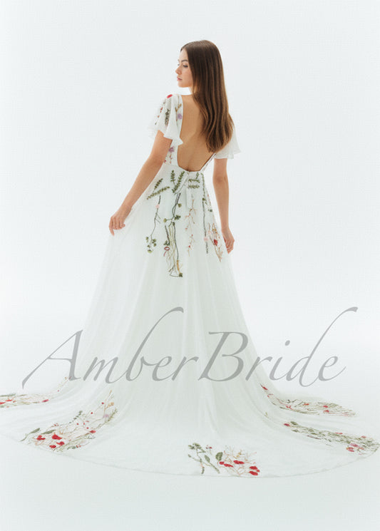 Floral A Line Wedding Dress with Flutter Sleeve and Open Back