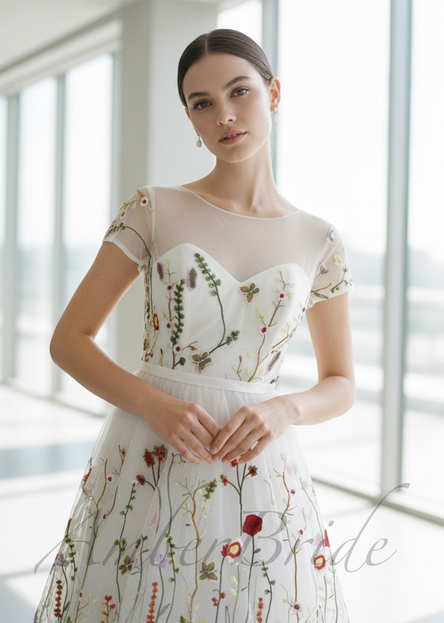 Romantic A-Line Wedding Dress with Colorful Embroidered Flowers