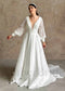 Boho A-Line Satin Wedding Dress with Deep V Neck and Long Puffy Lace Sleeves