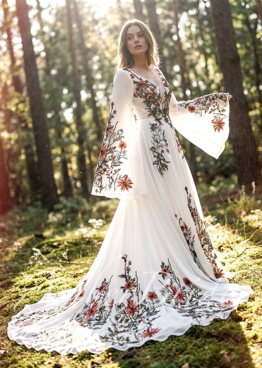 Rustic Embroidered Floral Wedding Dress with Cape Sleeves