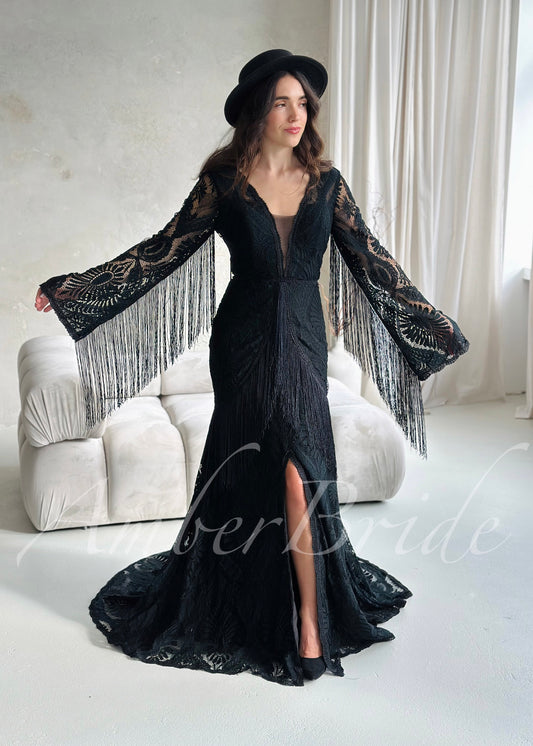 Bohemian Black Lace Wedding Dress with Fringe Sleeves