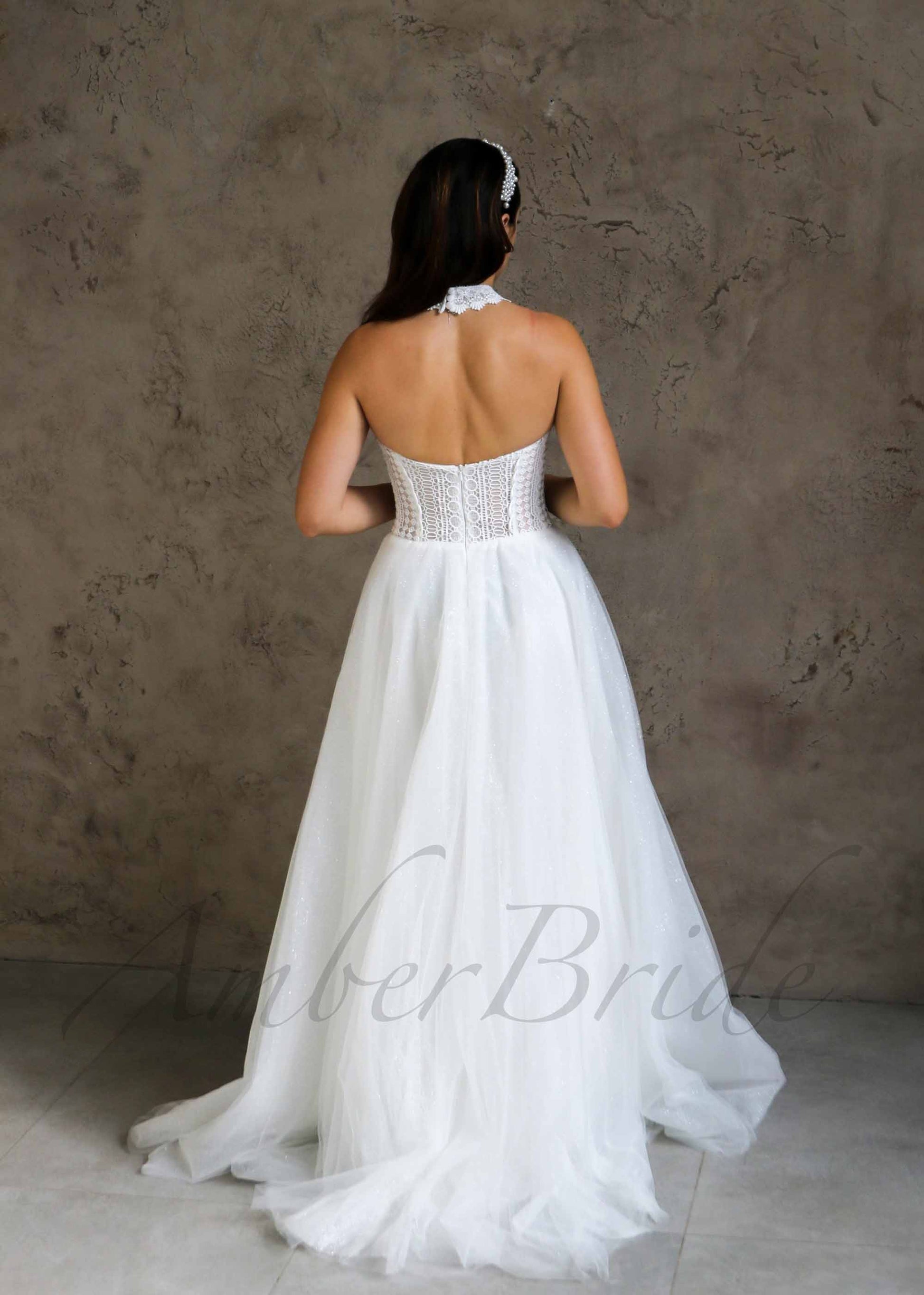 Boho Halter Neck Lace Wedding Dress with Low Back | AmberBride Boho Halter Neck Lace Wedding Dress with Low Back | AmberBride