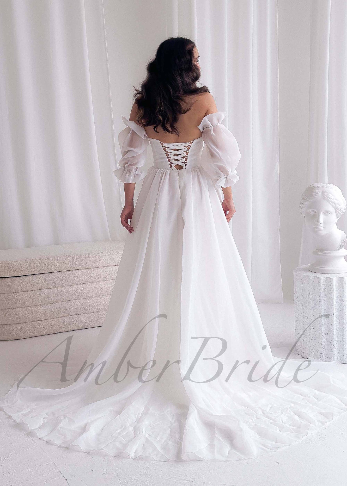 A Line Organza Wedding Dress with Folded Bodice and Detachable Puffy Sleeves