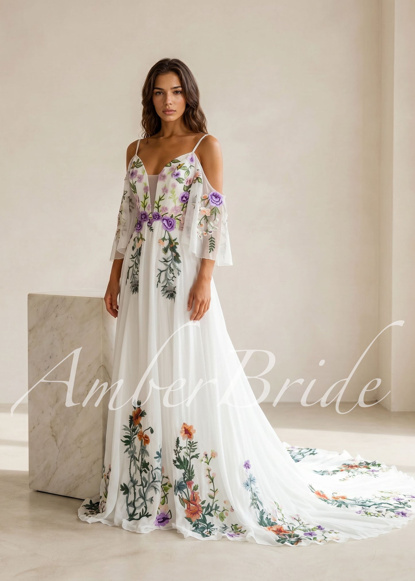 Fairy Off-White Chiffon A-Line Wedding Dress with Colorful Floral Embroidery and Off-Shoulder Straps