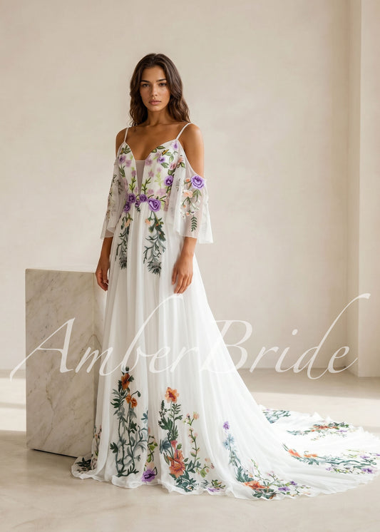 Fairy Off-White Chiffon A-Line Wedding Dress with Colorful Floral Embroidery and Off-Shoulder Straps