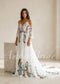 Fairy Off-White Chiffon A-Line Wedding Dress with Colorful Floral Embroidery and Off-Shoulder Straps