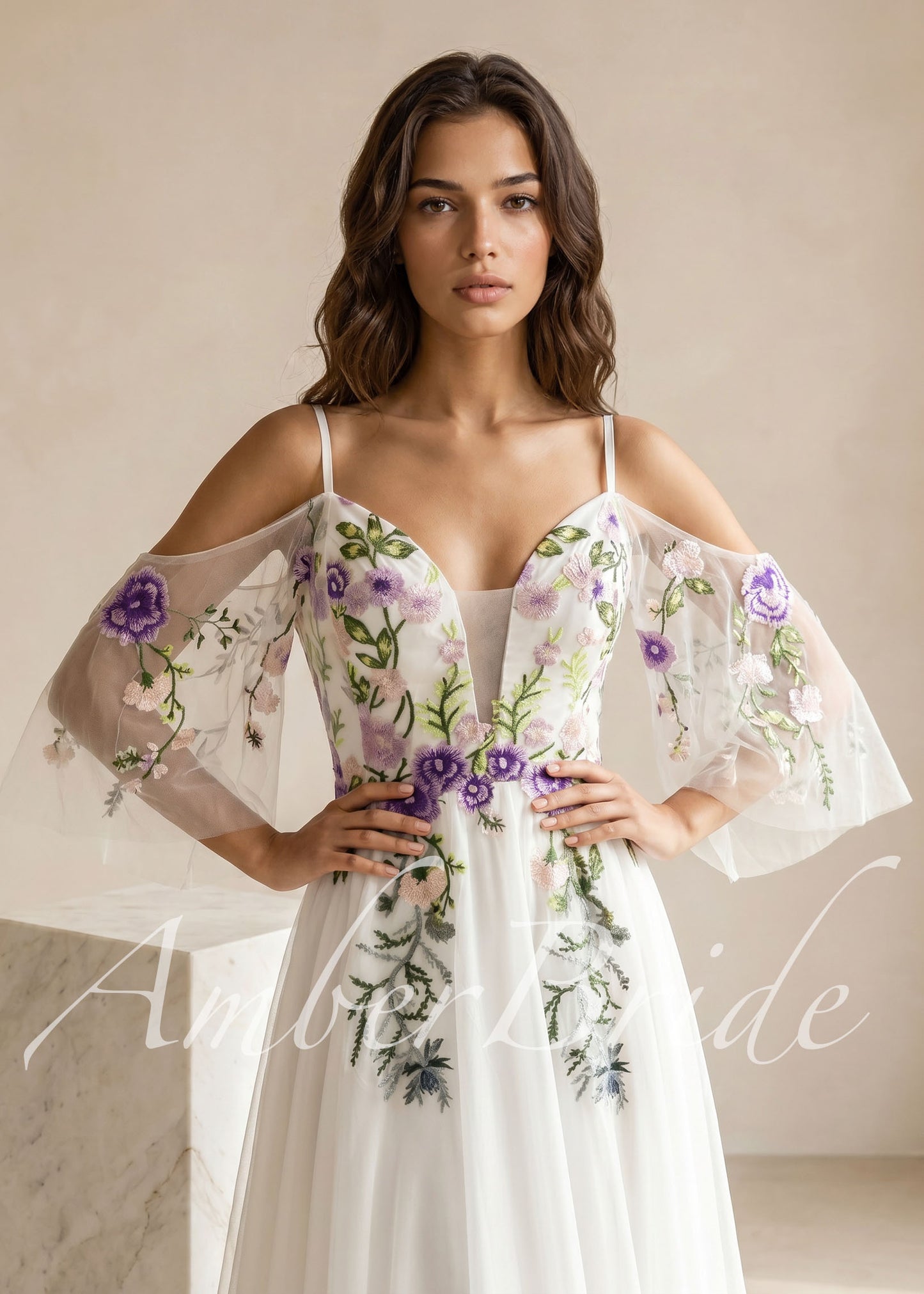 Fairy Off-White Chiffon A-Line Wedding Dress with Colorful Floral Embroidery and Off-Shoulder Straps