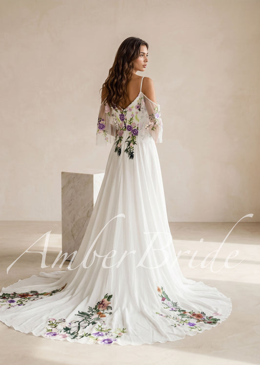 Fairy Off-White Chiffon A-Line Wedding Dress with Colorful Floral Embroidery and Off-Shoulder Straps