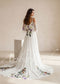 Fairy Off-White Chiffon A-Line Wedding Dress with Colorful Floral Embroidery and Off-Shoulder Straps