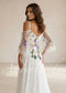 Fairy Off-White Chiffon A-Line Wedding Dress with Colorful Floral Embroidery and Off-Shoulder Straps