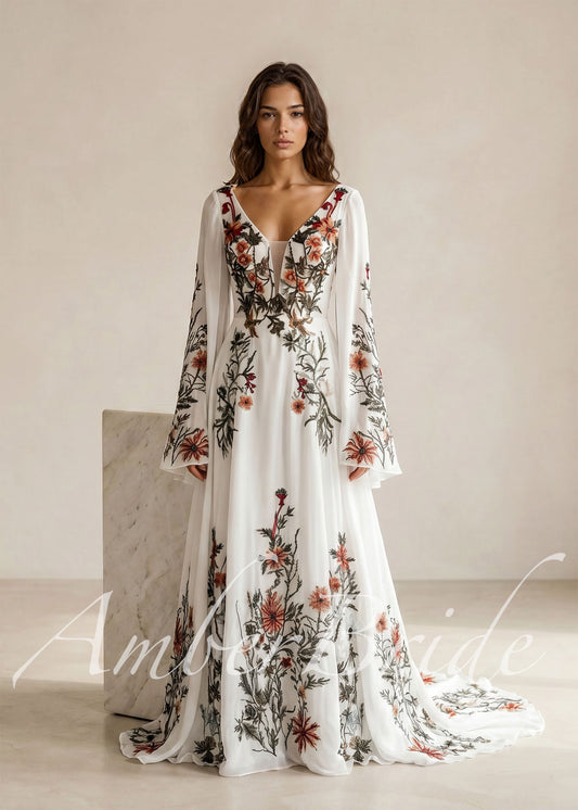 Rustic Embroidered Floral Wedding Dress with Cape Sleeves