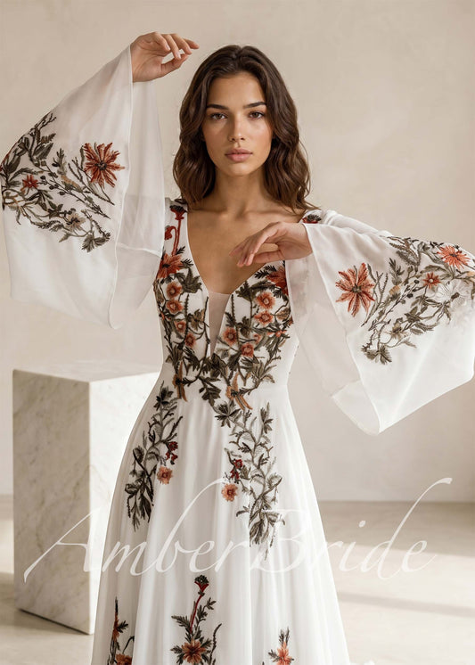 embroidery dress long sleev MissJophiel One Shoulder Sleeves Floral Sage Green with Slit Other / Tea Length / US2 Style # SJ003659. Millie Wedding Dress Anne Barge