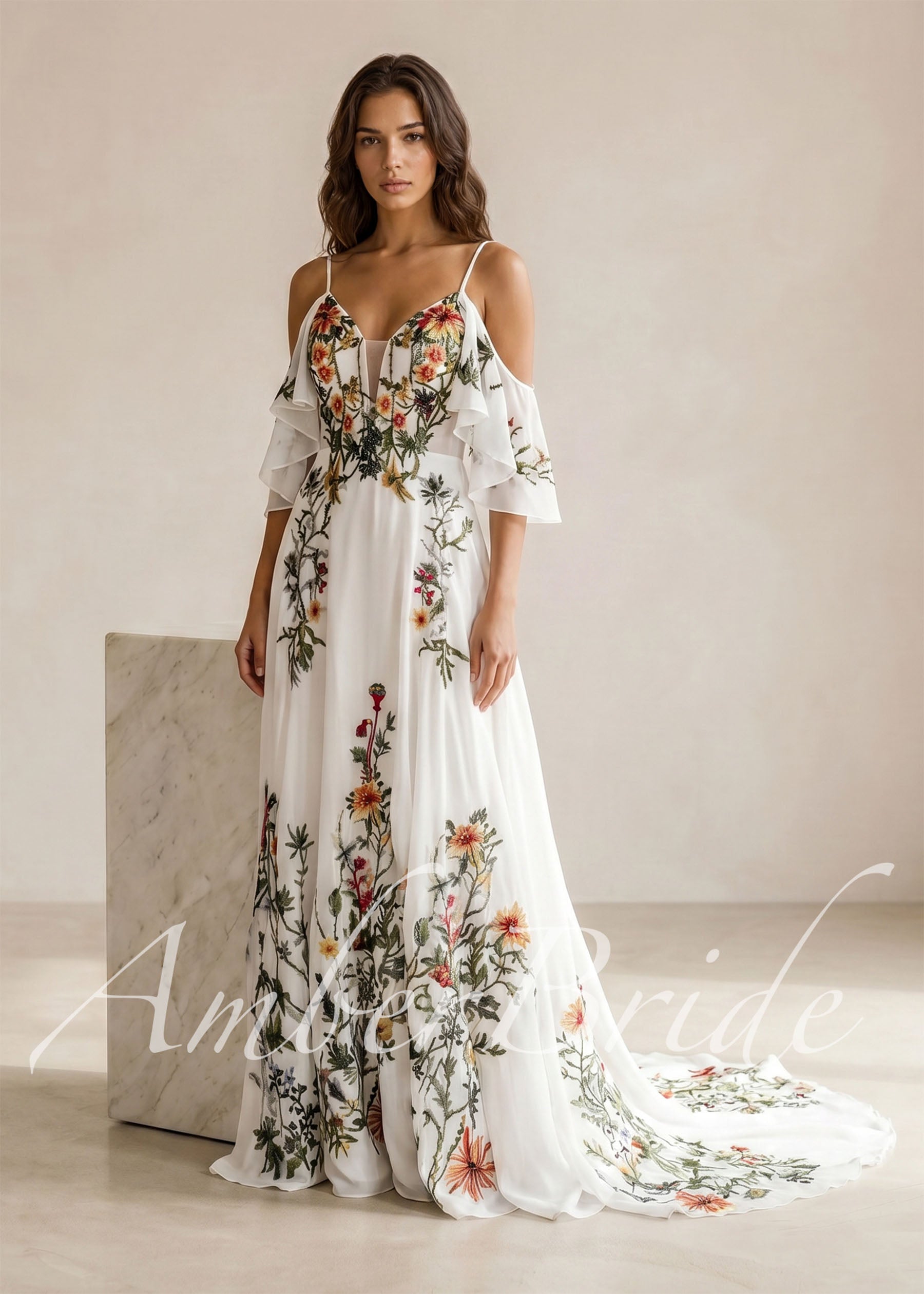 Colorful Floral Wedding Dress with Off-Shoulder Sleeves