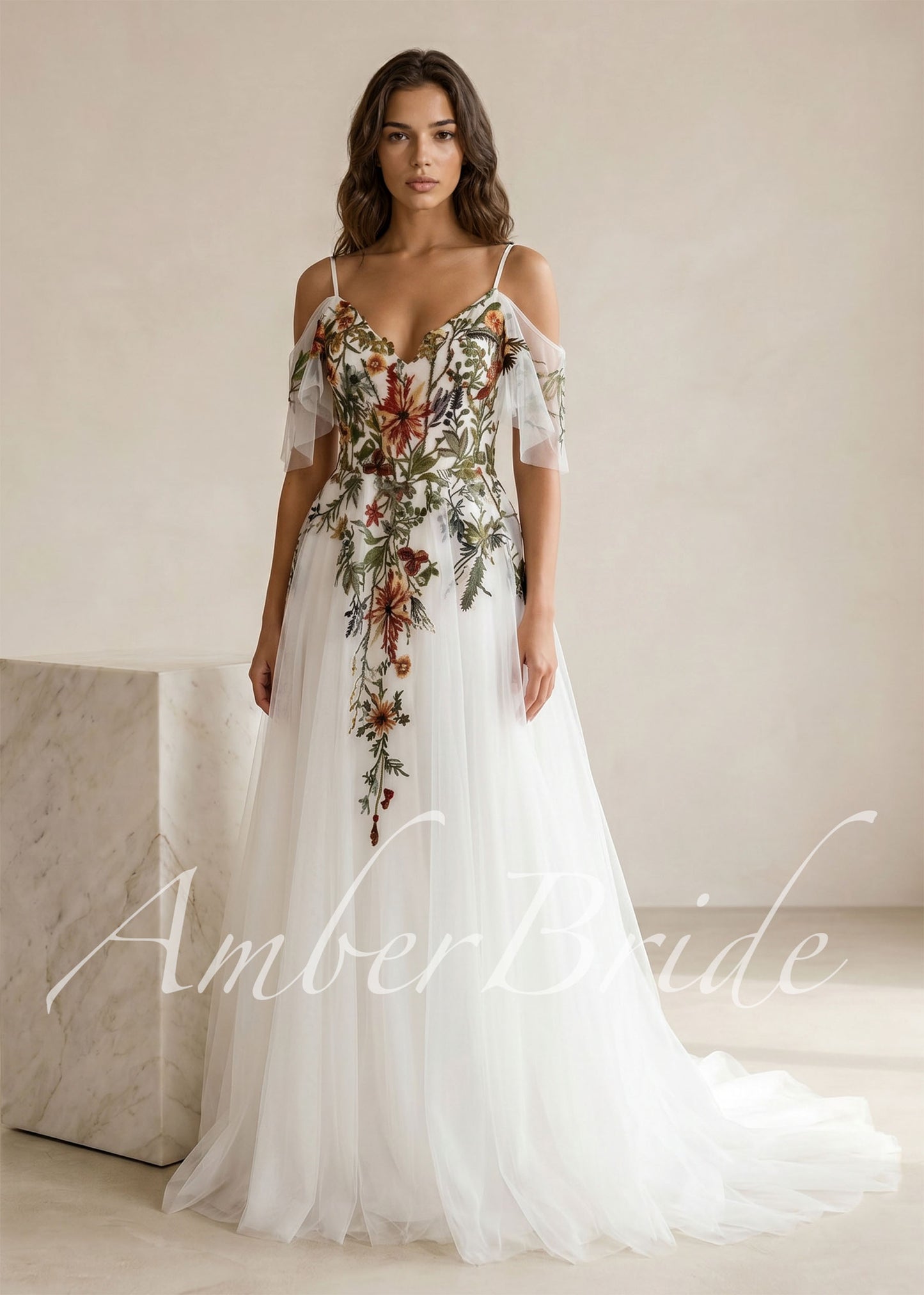 Romantic Wedding Dress with Colorful Embroidered Flowers and Flutter Sleeve