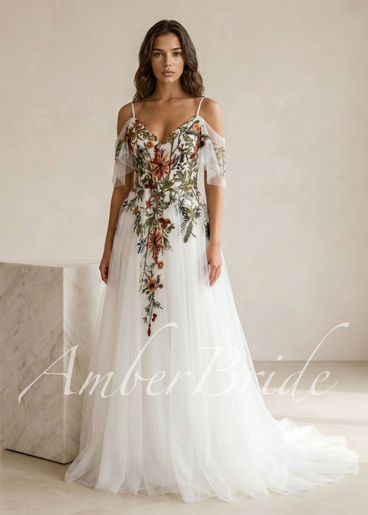 Romantic Wedding Dress with Colorful Embroidered Flowers and Flutter Sleeve