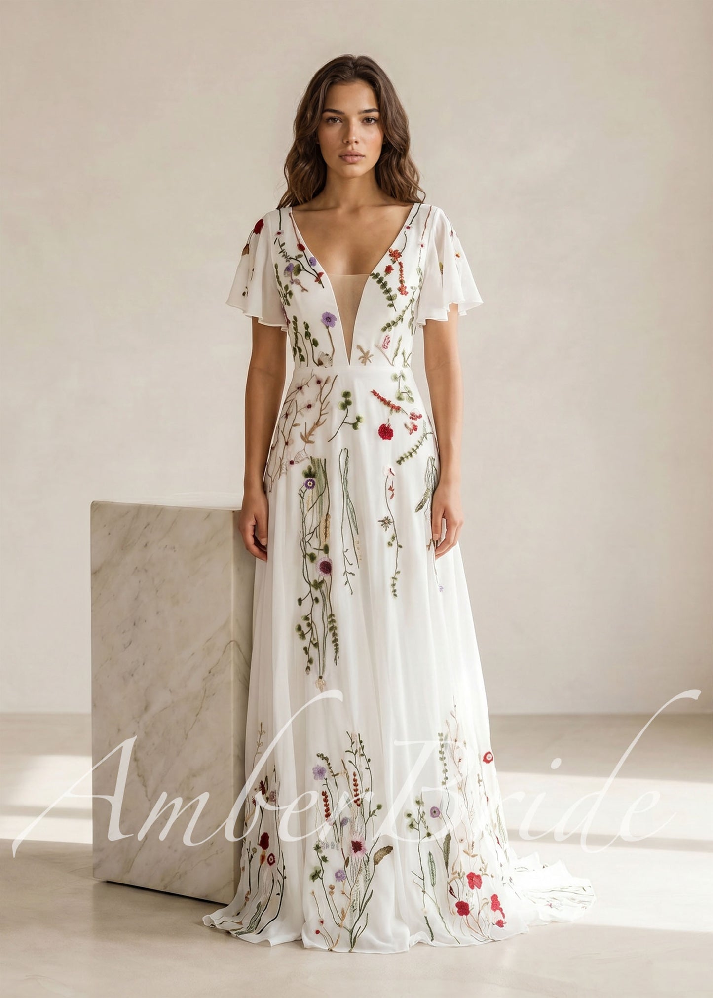 Floral A-Line Wedding Dress with Flutter Sleeves