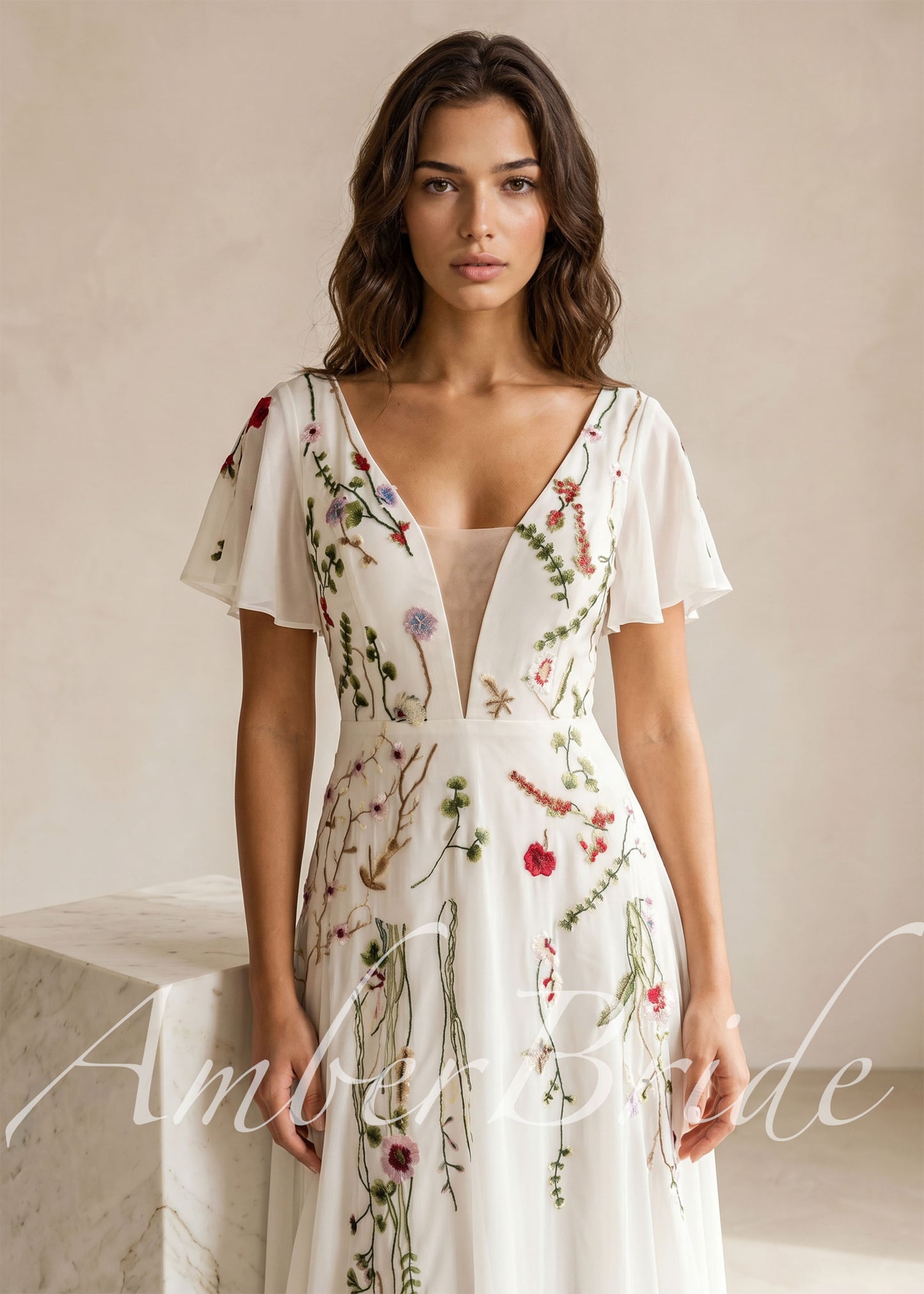 Floral A Line Wedding Dress with Flutter Sleeve and Open Back