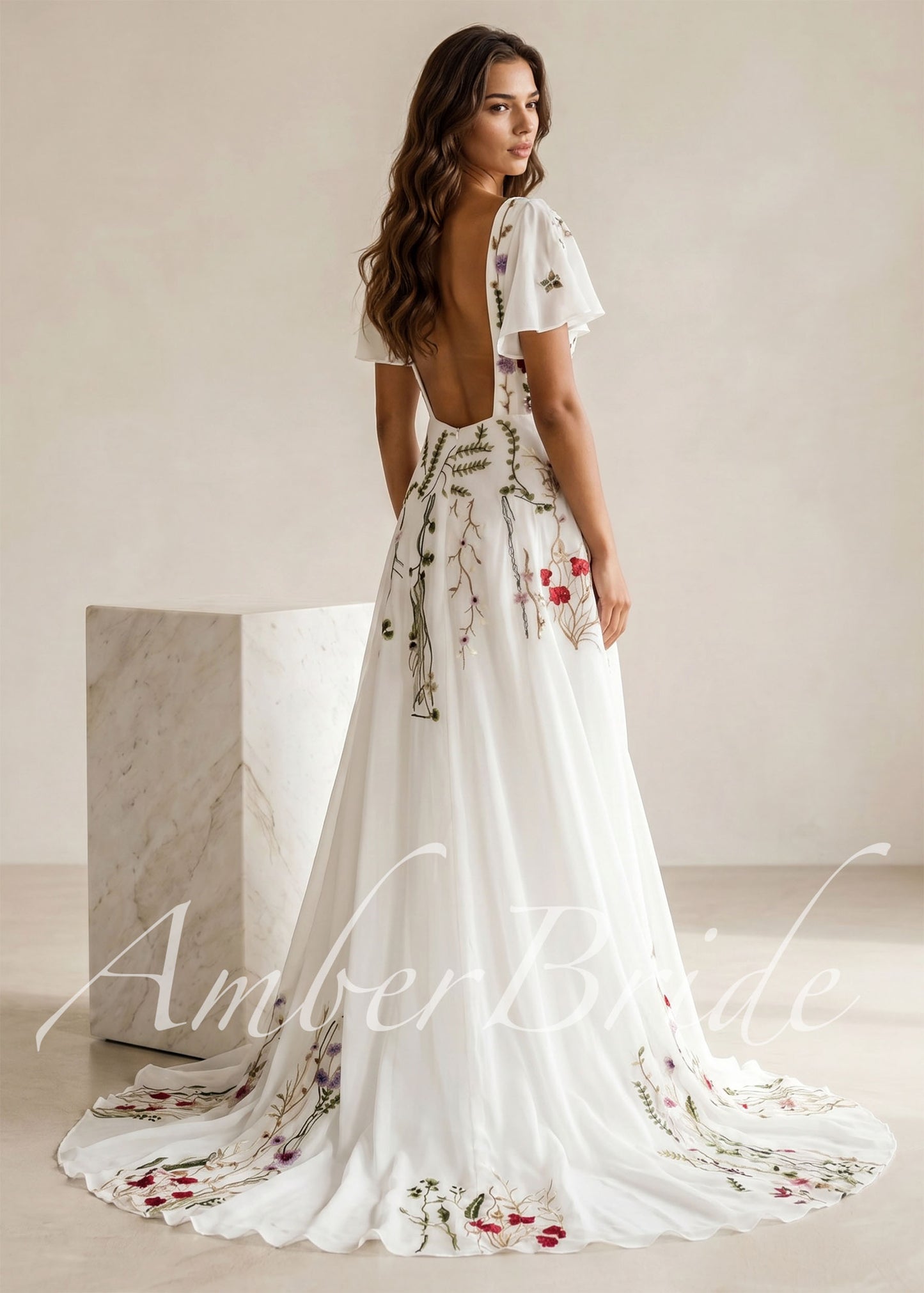 Floral A-Line Wedding Dress with Flutter Sleeves