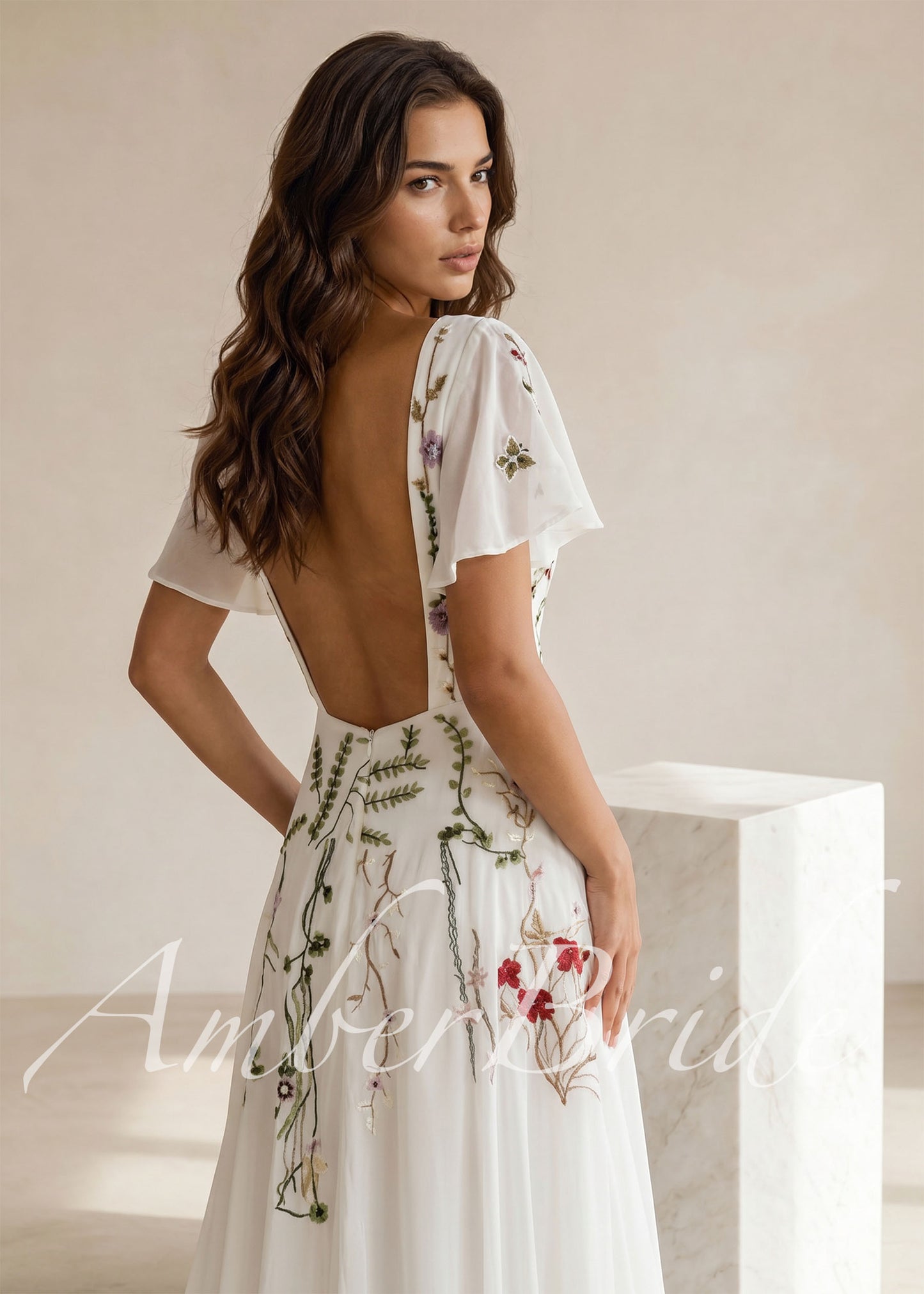 Floral A Line Wedding Dress with Flutter Sleeve and Open Back