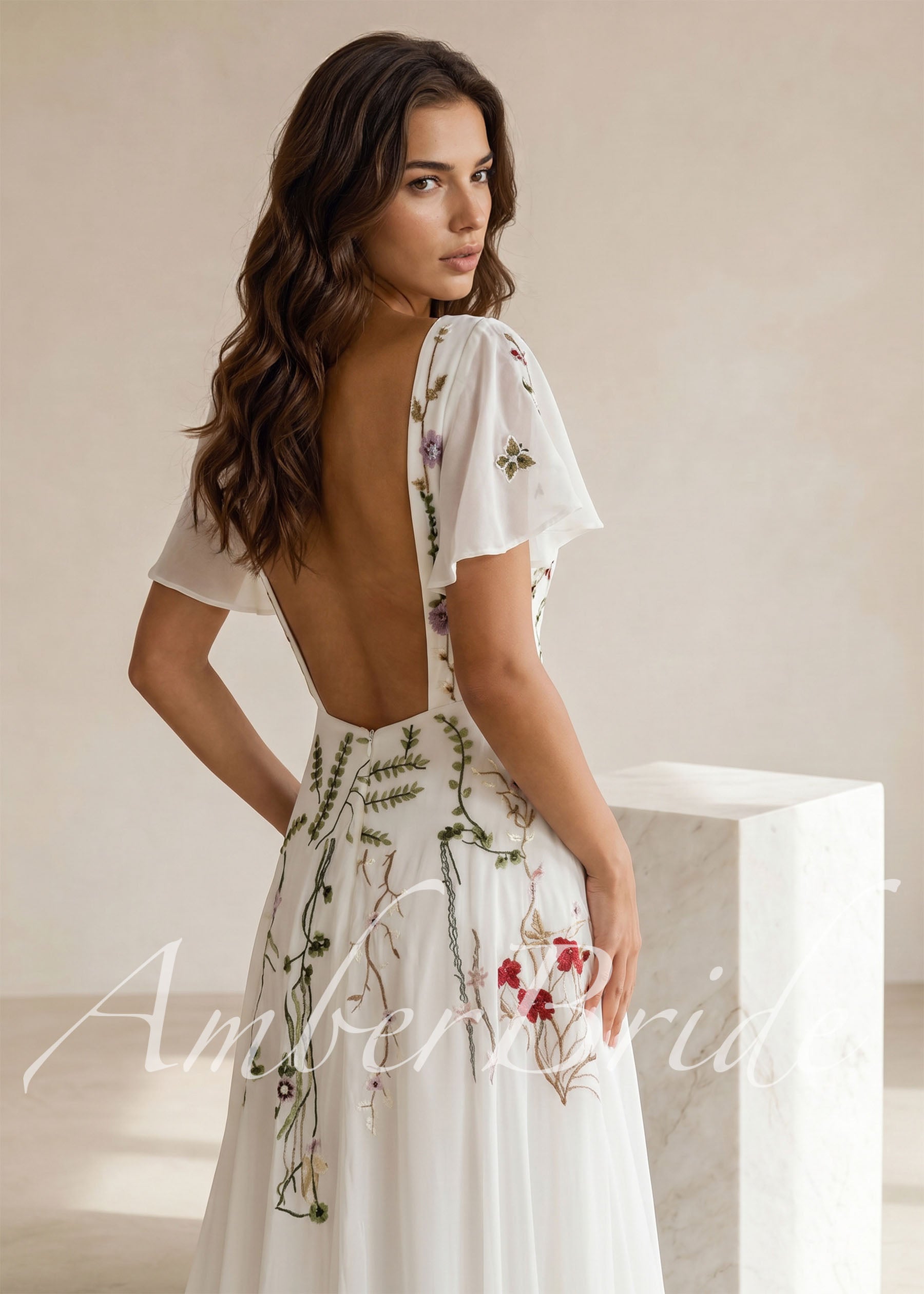 Floral A-Line Wedding Dress with Flutter Sleeves
