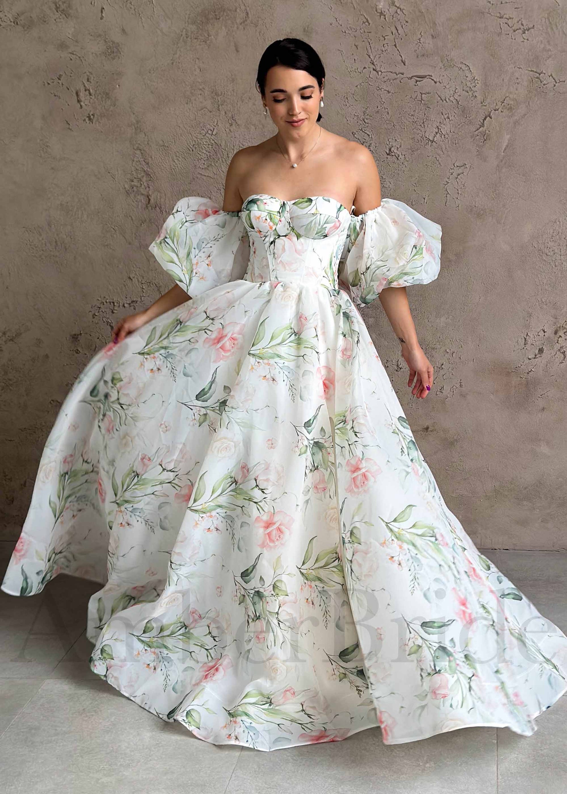 A-Line Organza Wedding Dress with Floral Paintings and Off-Shoulder De AmberBride A-Line Organza Wedding Dress with Floral Paintings and Off-Shoulder De AmberBride