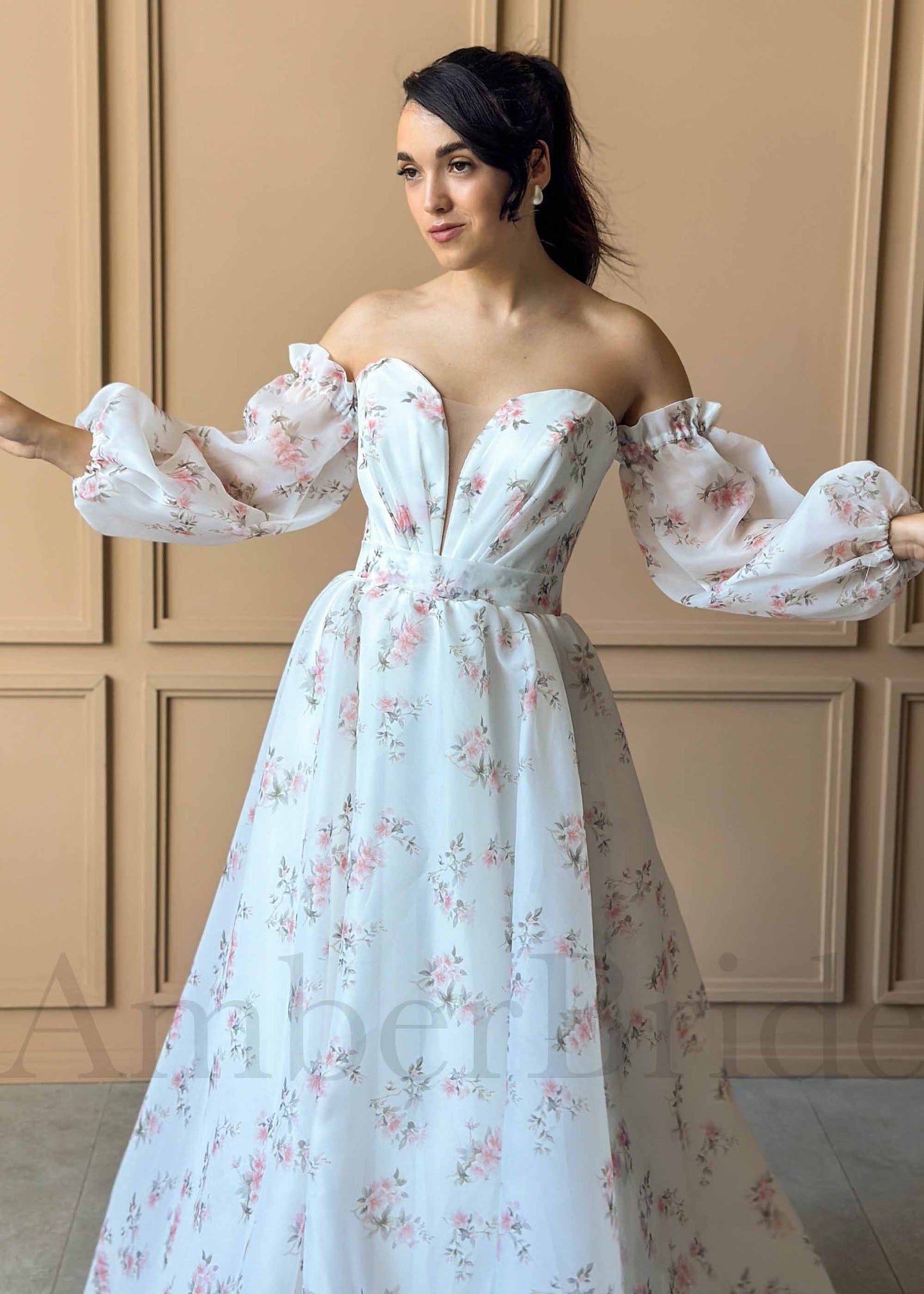 A-Line Organza Wedding Dress with Floral Paintings and Long Sleeves