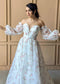 A-Line Organza Wedding Dress with Floral Paintings and Long Sleeves