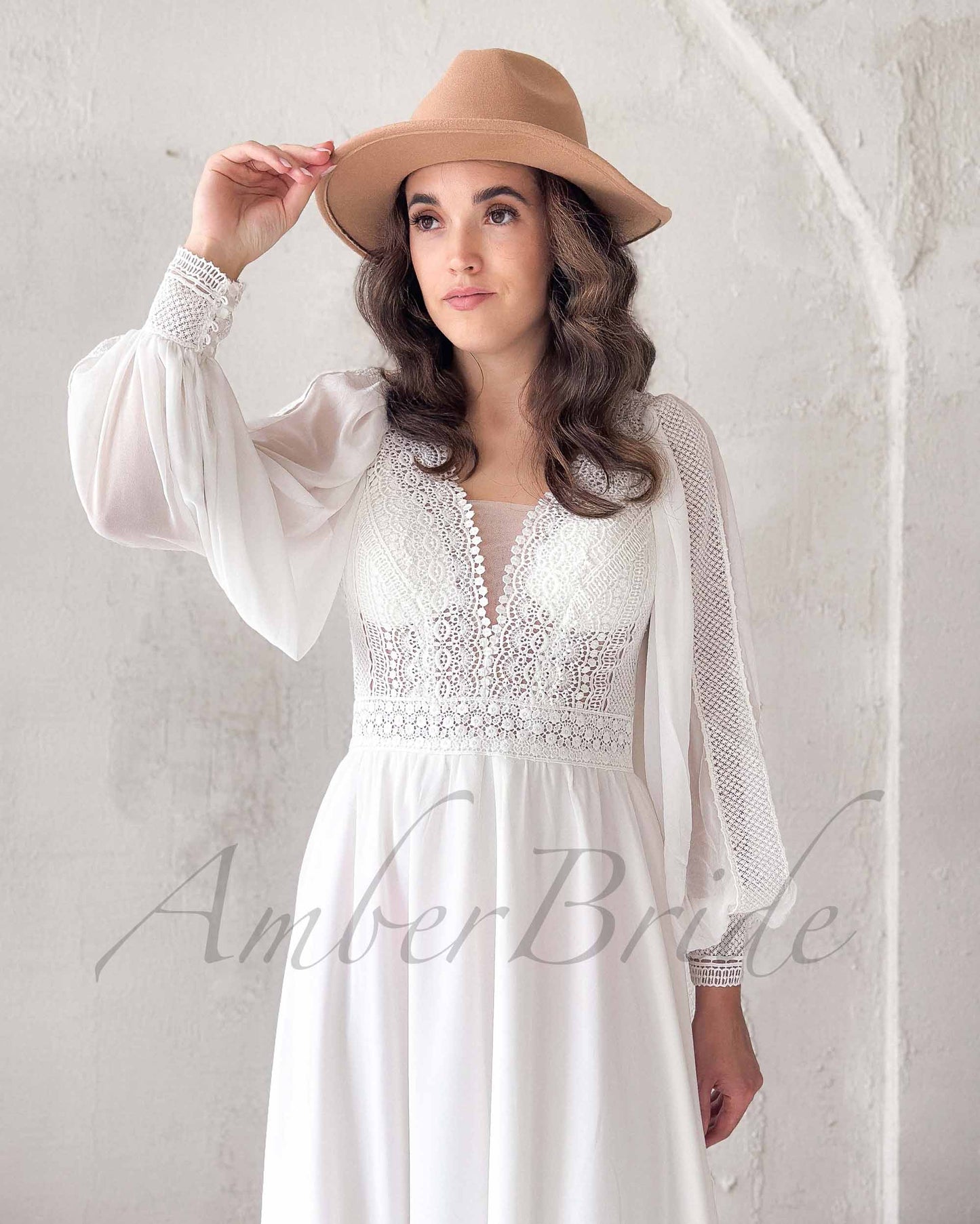 Boho A Line Lace Wedding Dress with Flowy Chiffon Skirt