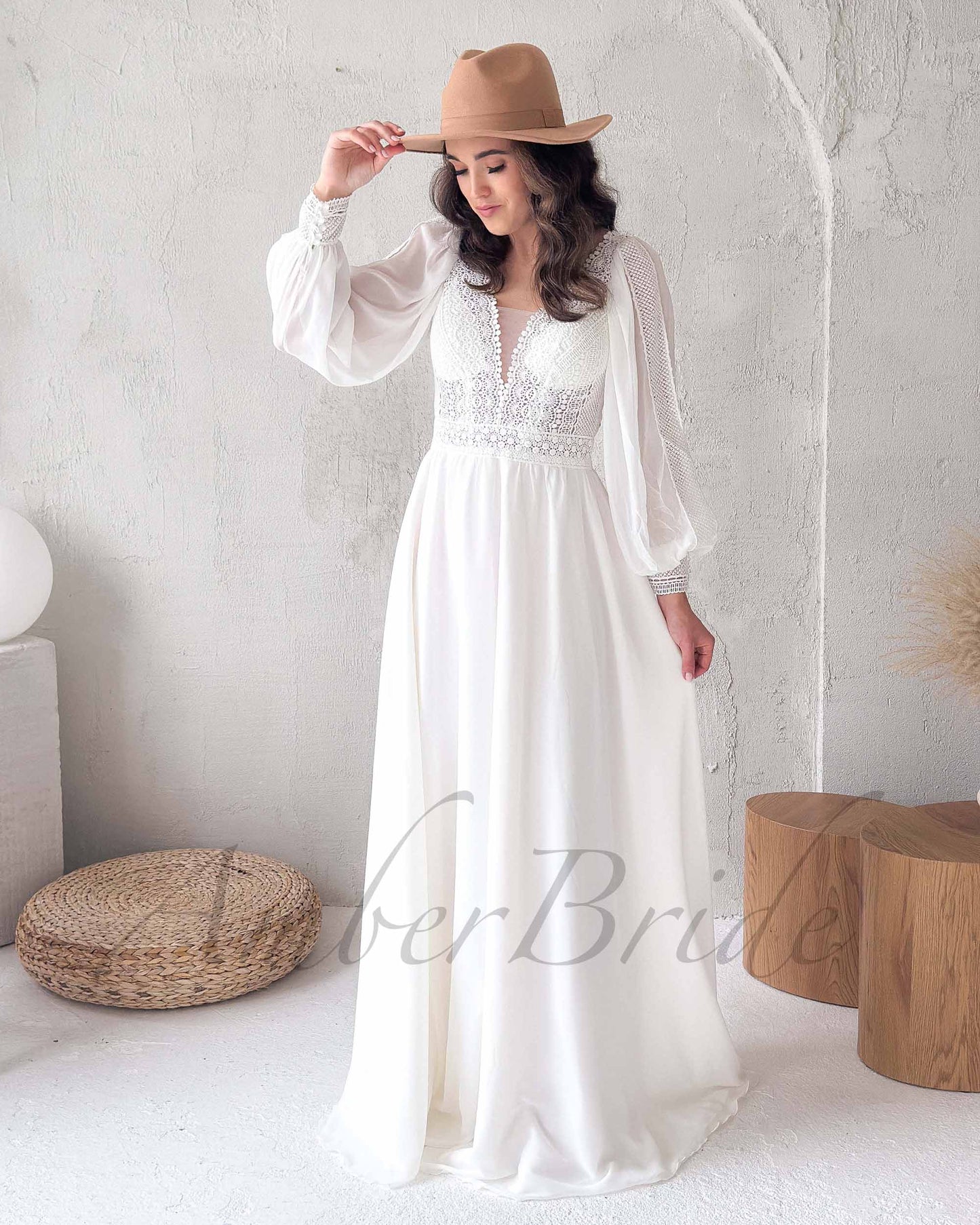 Boho A Line Lace Wedding Dress with Flowy Chiffon Skirt