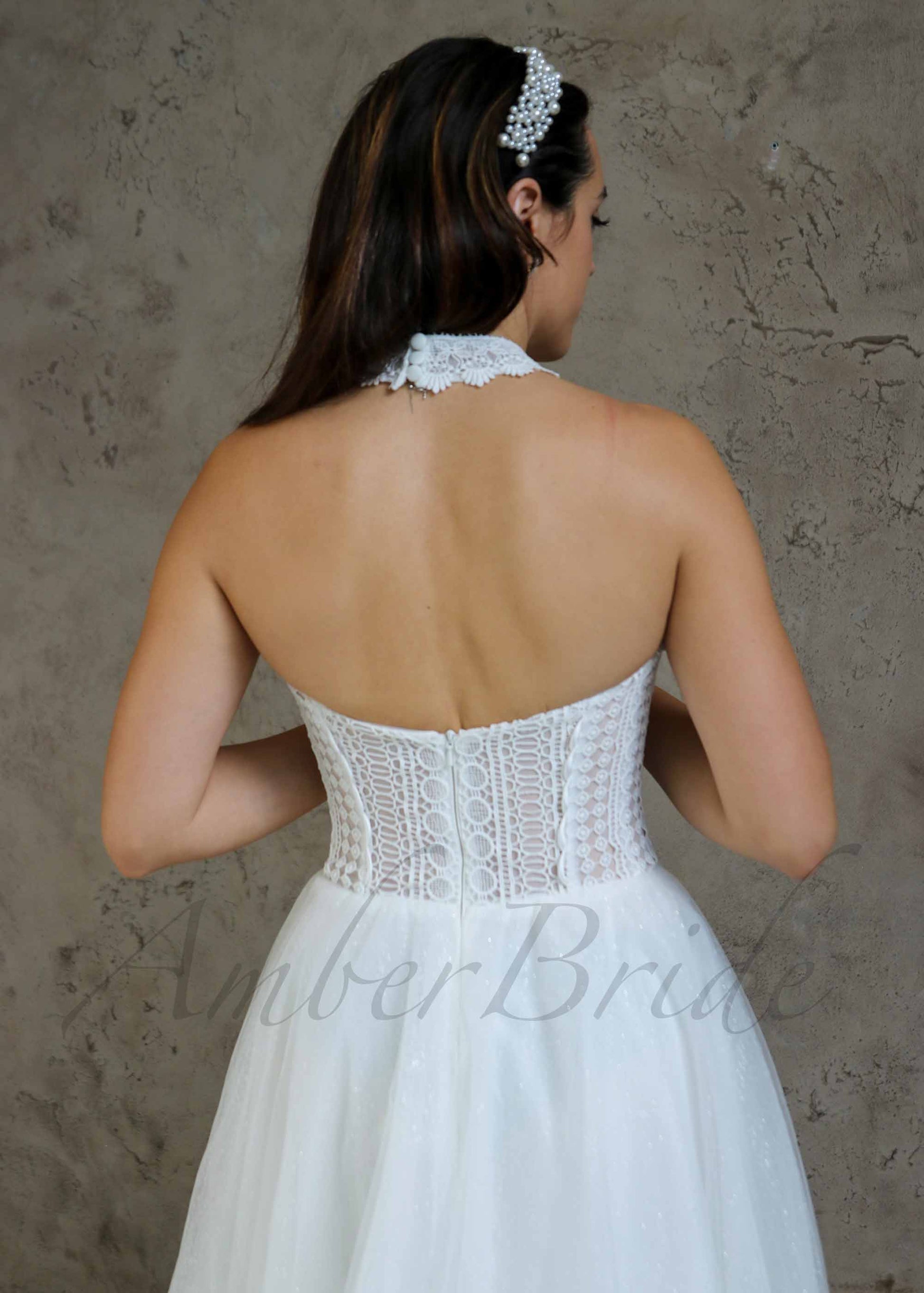 Boho Halter Neck Lace Wedding Dress with Low Back | AmberBride Boho Halter Neck Lace Wedding Dress with Low Back | AmberBride