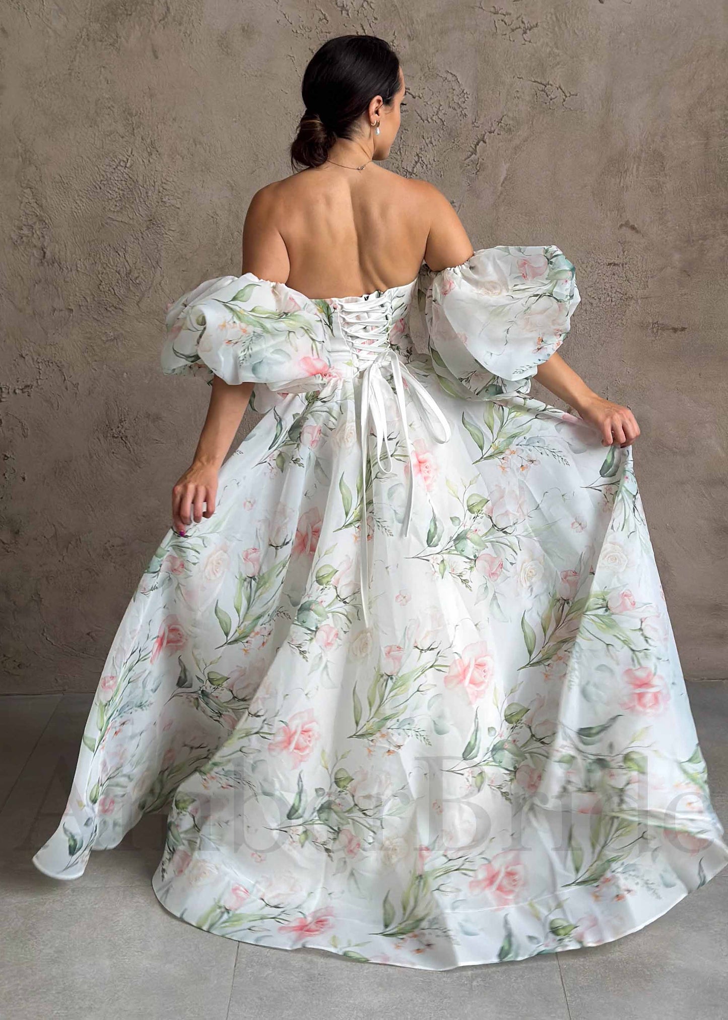 A-Line Organza Wedding Dress with Floral Paintings and Off-Shoulder Design