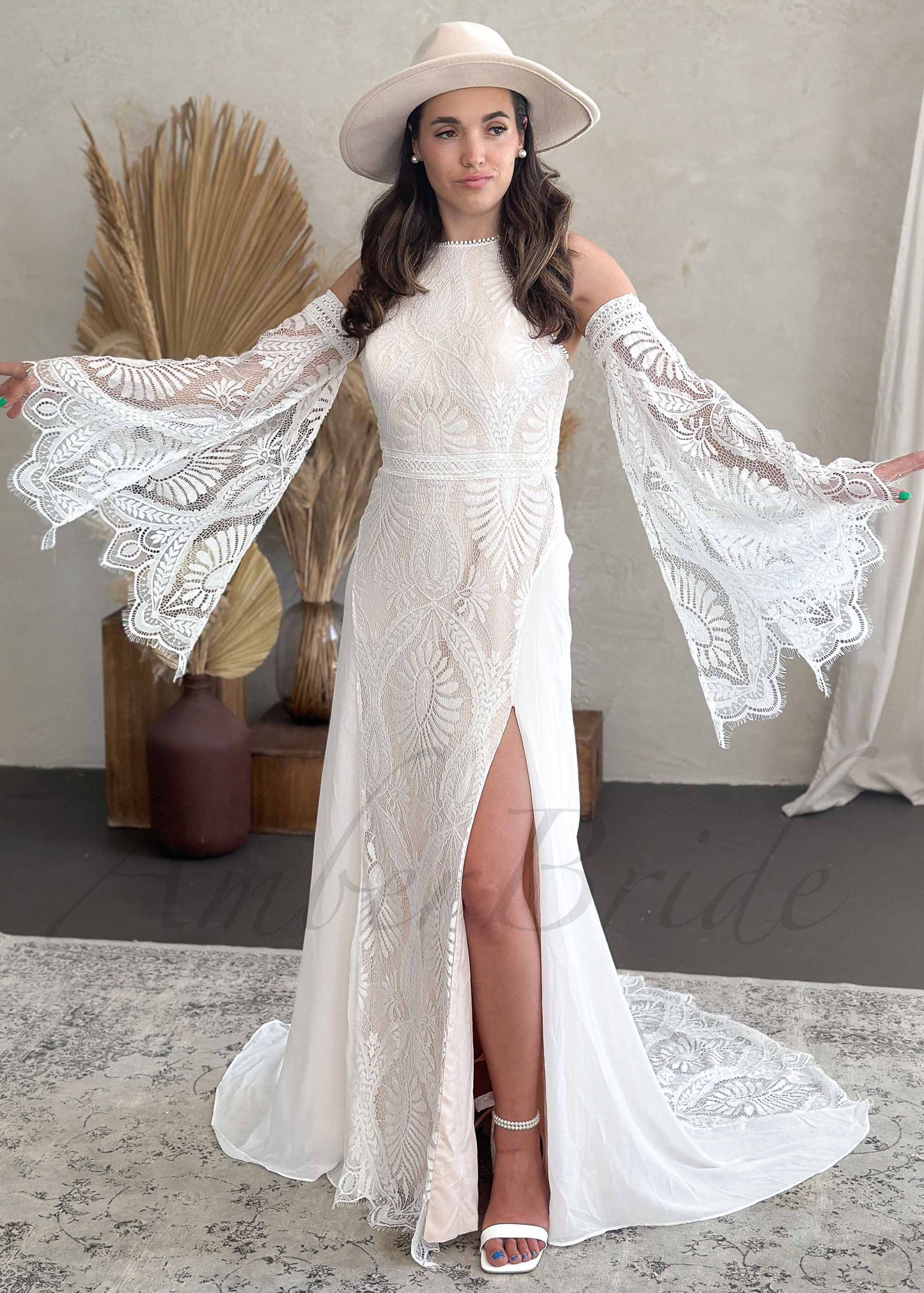 Boho Sheath Lace Wedding Dress with High Neck and Spaghetti Straps