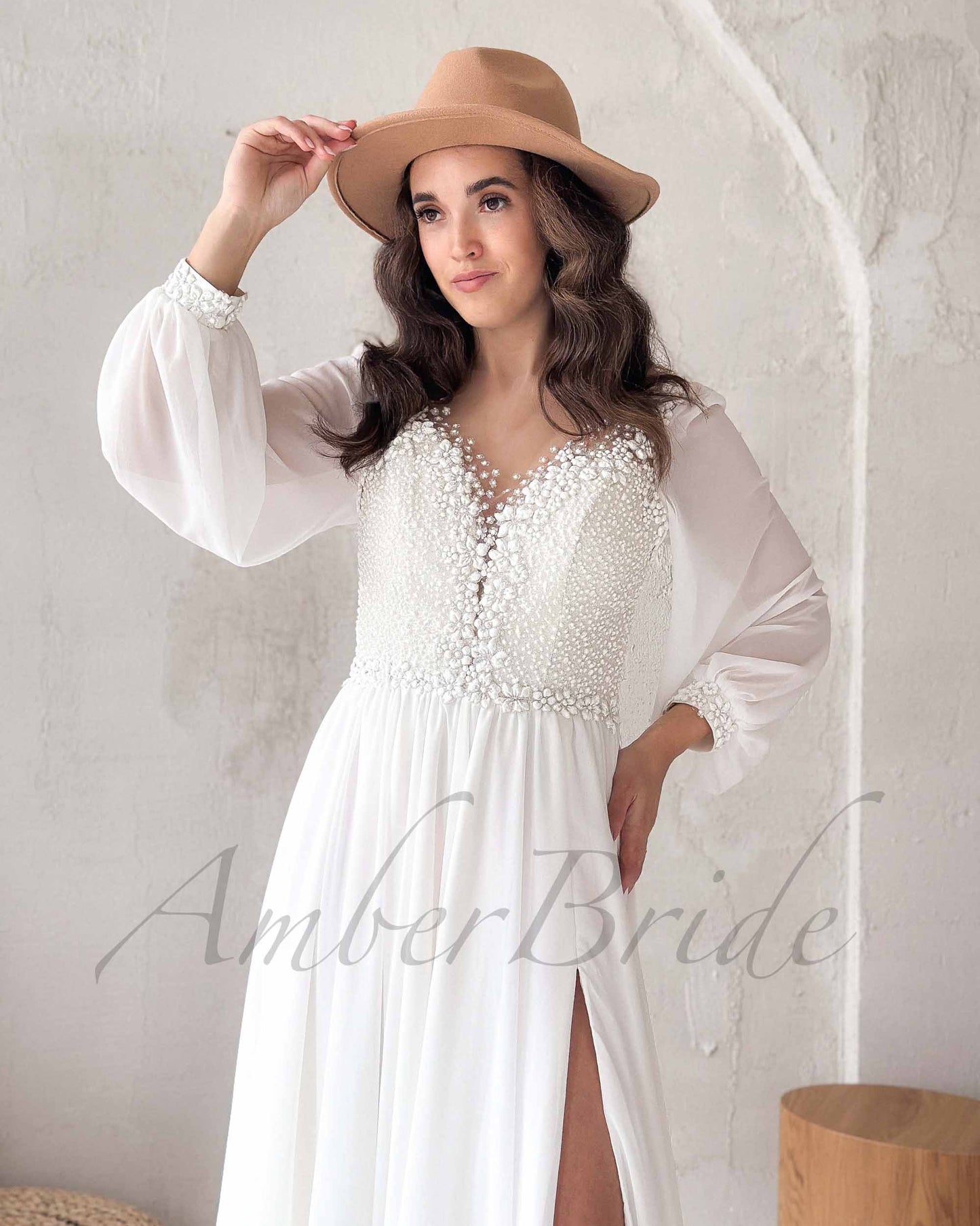 Boho A Line Chiffon Wedding Dress with Long Puffy Sleeve and Floral Appliques