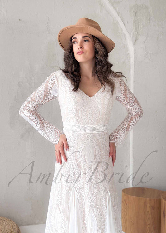 Boho A Line Lace Wedding Dress with Long Sleeve and Backless Design