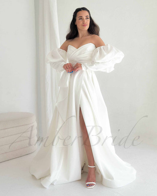 Strapless A Line Satin Wedding Dress with Detachable Bishop Sleeves