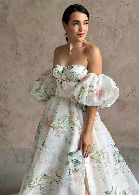 A-Line Organza Wedding Dress with Floral Paintings and Off-Shoulder Design