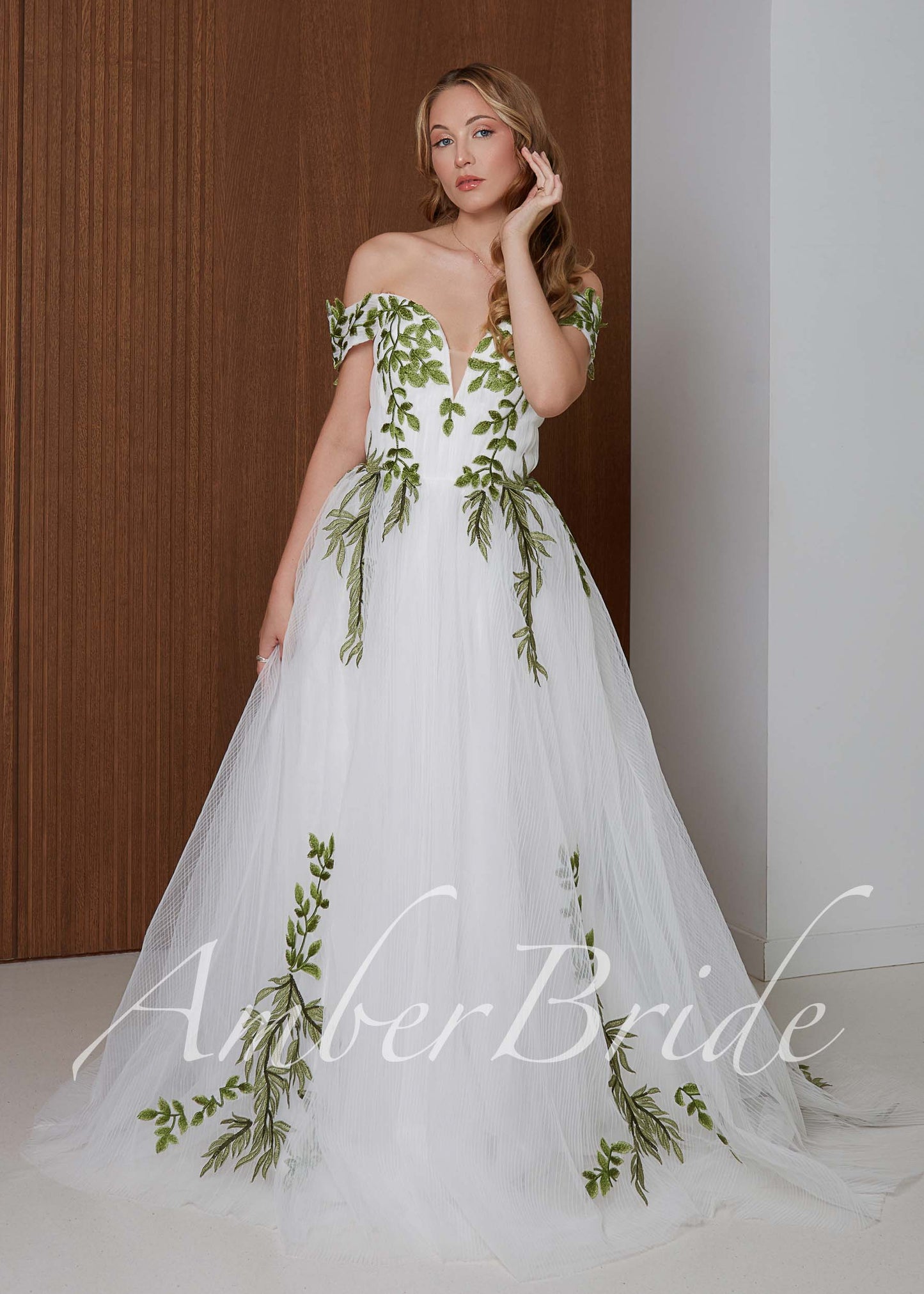 Fairy Off-Shoulder Tulle A-Line Wedding Dress with Green Ivy Leaf Embroidery and Corset Back