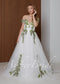 Fairy Off-Shoulder Tulle A-Line Wedding Dress with Green Ivy Leaf Embroidery and Corset Back